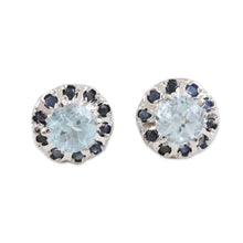 Load image into Gallery viewer, Rhodium-Plated Blue Topaz and Sapphire Stud Earrings - Blue Fire | NOVICA