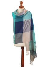 Load image into Gallery viewer, Color Block Baby ALpaca and SIlk Shawl in Blues and Green - Soft Sweet Blues | NOVICA