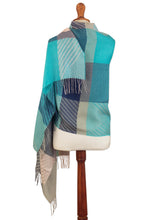 Load image into Gallery viewer, Color Block Baby ALpaca and SIlk Shawl in Blues and Green - Soft Sweet Blues | NOVICA
