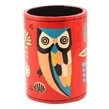 Load image into Gallery viewer, Hand Made Papier Mache Pen Holder - Owl Story in Red | NOVICA