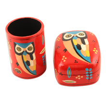 Load image into Gallery viewer, Hand Made Papier Mache Pen Holder - Owl Story in Red | NOVICA