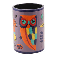 Load image into Gallery viewer, Hand Painted Papier Mache Pen Holder - Owl Story in Dusty Lavender | NOVICA