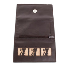 Load image into Gallery viewer, Kitty Cat Jute Trim Brown Leather Wallet - Brown Kitty Cats | NOVICA