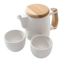 Load image into Gallery viewer, Handcrafted Ceramic and Teak Wood Tea Set (Set for 2) - Midday Tea in White | NOVICA