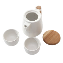 Load image into Gallery viewer, Handcrafted Ceramic and Teak Wood Tea Set (Set for 2) - Midday Tea in White | NOVICA