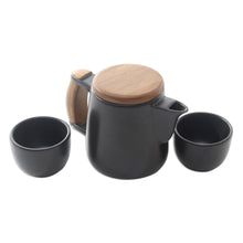 Load image into Gallery viewer, Black Ceramic and Teak Wood Tea Set (Set for 2) - Midday Tea in Black | NOVICA