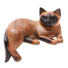 Load image into Gallery viewer, Signed Suar Wood Cat Statuette from Bali - Overthinking Cat | NOVICA