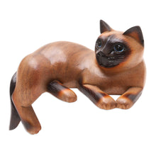 Load image into Gallery viewer, Signed Suar Wood Cat Statuette from Bali - Overthinking Cat | NOVICA