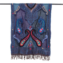 Load image into Gallery viewer, Hand-Embroidered Midnight Blue Wool Shawl - Paisley Dreams | NOVICA