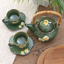 Load image into Gallery viewer, Ceramic Tea Set for Two with Bamboo Accent (5 Pcs) - Forest Frangipani | NOVICA