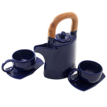 Load image into Gallery viewer, Blue Ceramic and Teak Wood Tea Set for Two (5 Pcs) - American Blue | NOVICA