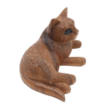 Load image into Gallery viewer, Balinese Suar Wood Cat Statuette - Wide-Eyed Cat | NOVICA
