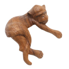 Load image into Gallery viewer, Artisan Crafted Suar Wood Monkey Statuette - Wild Nap | NOVICA