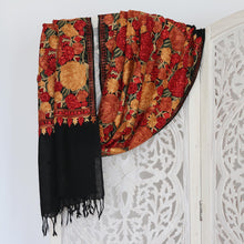 Load image into Gallery viewer, Black Wool Shawl with Chain Stitch Embroidered Flowers - Kashmir Midnight | NOVICA