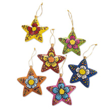 Load image into Gallery viewer, Ceramic Star Ornaments With Hand-Painted Flowers (Set of 6) - Ayacucho Flowered Stars | NOVICA