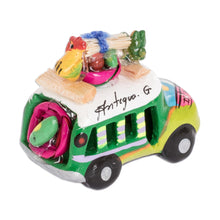 Load image into Gallery viewer, Min Ceramic Bus Figurine in Greens from Guatemala - Two Tone Green Old Time Bus | NOVICA