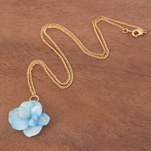 Load image into Gallery viewer, Gold-Plated Blue Hydrangea Petal Pendant Necklace - Wild Hydrangea in Blue | NOVICA