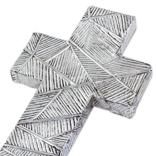 Load image into Gallery viewer, Wall Cross in Oxidized Crosshatched Aluminum Repousse - Mexican Belief | NOVICA