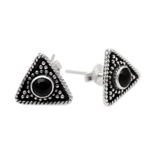 Load image into Gallery viewer, Triangular Onyx Button Earring from Bali - Dark Triangle | NOVICA