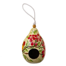 Load image into Gallery viewer, Dried Mate Gourd Birdhouse with Bird on a Flowering Tree - Antique Courtyard | NOVICA