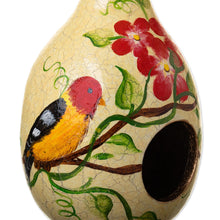 Load image into Gallery viewer, Dried Mate Gourd Birdhouse with Bird on a Flowering Tree - Antique Courtyard | NOVICA