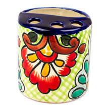 Load image into Gallery viewer, Green Dominant Talavera Style Toothbrush Holder from Mexico - Hidalgo Bouquet | NOVICA