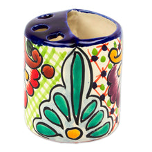 Load image into Gallery viewer, Green Dominant Talavera Style Toothbrush Holder from Mexico - Hidalgo Bouquet | NOVICA