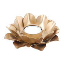 Load image into Gallery viewer, Golden Tealight Candleholder with Lotus Motif - One More Light | NOVICA