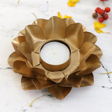 Load image into Gallery viewer, Golden Tealight Candleholder with Lotus Motif - One More Light | NOVICA