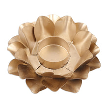 Load image into Gallery viewer, Golden Tealight Candleholder with Lotus Motif - One More Light | NOVICA