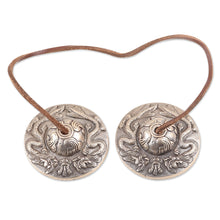 Load image into Gallery viewer, Leather-Accented Brass Meditation Cymbals - Safe and Sound | NOVICA