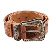 Load image into Gallery viewer, Leaf Motif Men's Leather Belt - Royal Garden | NOVICA