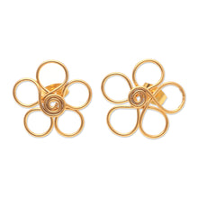 Load image into Gallery viewer, Gold-Plated Button Earrings with Floral Motif - Cheerful Flower | NOVICA