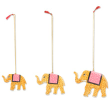 Load image into Gallery viewer, Hand-Painted Yellow Elephant Wood Ornaments (Set of 3) - Festival Elephants in Yellow | NOVICA