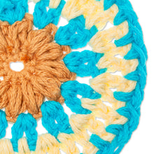 Load image into Gallery viewer, Set of 4 Handmade Turquoise and Brown Crocheted Coasters - Turquoise Pinwheel | NOVICA