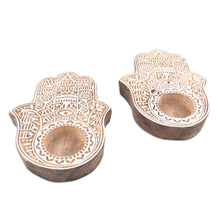Load image into Gallery viewer, Wood Hamsa Hand Tealight Candle Holders (Pair) - Illuminated Hamsa | NOVICA