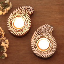 Load image into Gallery viewer, Mango Wood Paisley Tealight Candle Holders (Pair) - Paisley Glow | NOVICA
