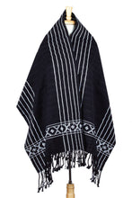 Load image into Gallery viewer, Black & White Backstrap Woven Embroidered Rebozo Shawl - Narrow Night Paths | NOVICA