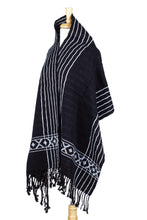 Load image into Gallery viewer, Black & White Backstrap Woven Embroidered Rebozo Shawl - Narrow Night Paths | NOVICA