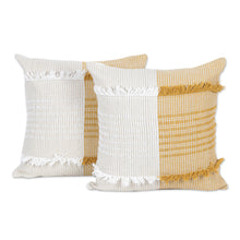 Load image into Gallery viewer, Amber and Ivory Cotton Cushion Covers (Pair) - Delhi Sophistication in Honey | NOVICA