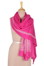 Load image into Gallery viewer, Paisley and Leafy Fuchsia Wool and Silk Shawl from India - Fuchsia Glam | NOVICA
