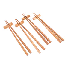 Load image into Gallery viewer, Handmade Thai Teak Wood Chopstick Set of 4 with Rests - Wave Plain | NOVICA