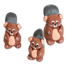 Load image into Gallery viewer, Set of 3 Hand-painted Beaver-themed Ceramic Figurines - Beaver Family | NOVICA