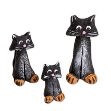 Load image into Gallery viewer, Set of 3 Hand-painted Black Cat-shaped Ceramic Figurines - Black Cat Family | NOVICA