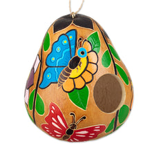 Load image into Gallery viewer, Hand-painted Butterfly-theme Dried Gourd Birdhouse from Peru - Flight of the Butterfly | NOVICA