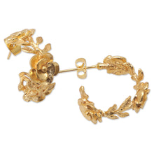 Load image into Gallery viewer, 22k Gold-Plated Half-Hoop Earrings with Floral Details - Aura of the Golden Flower | NOVICA