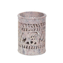 Load image into Gallery viewer, Handcrafted Soapstone Pencil Holder with Elephant Motifs - Helping Elephant | NOVICA