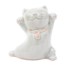Load image into Gallery viewer, Cat Shaped Celadon Ceramic Figurine Handmade in Thailand - Lucky and Playful | NOVICA