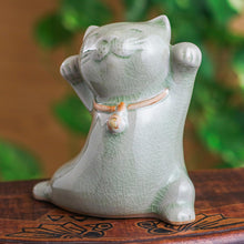 Load image into Gallery viewer, Cat Shaped Celadon Ceramic Figurine Handmade in Thailand - Lucky and Playful | NOVICA