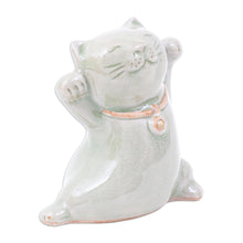Load image into Gallery viewer, Cat Shaped Celadon Ceramic Figurine Handmade in Thailand - Lucky and Playful | NOVICA